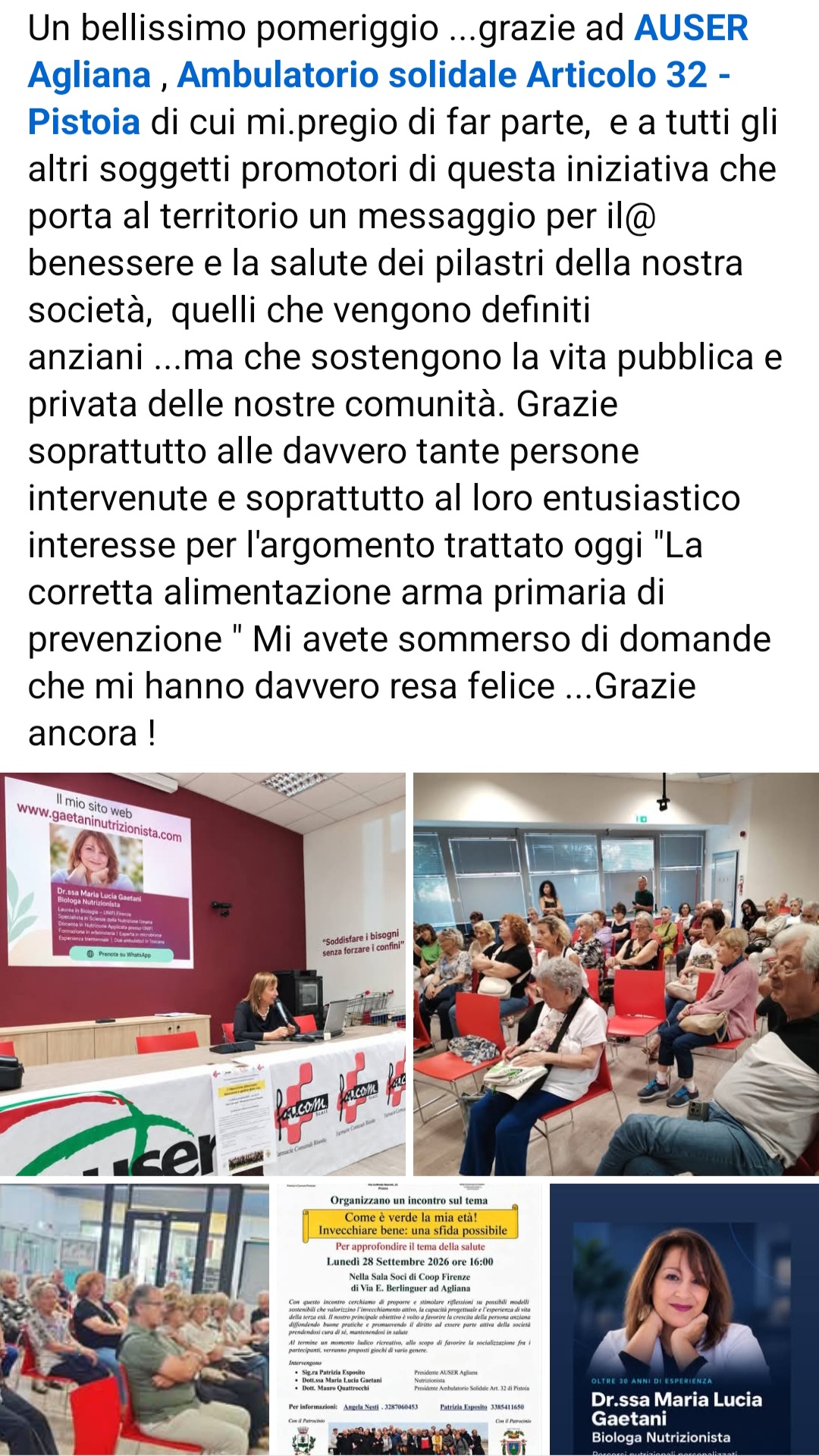Il post Facebook di ringraziamento della Dott.ssa Maria Lucia Gaetani, biologa nutrizionista, dopo l'incontro «La corretta alimentazione arma primaria di prevenzione» ad Agliana