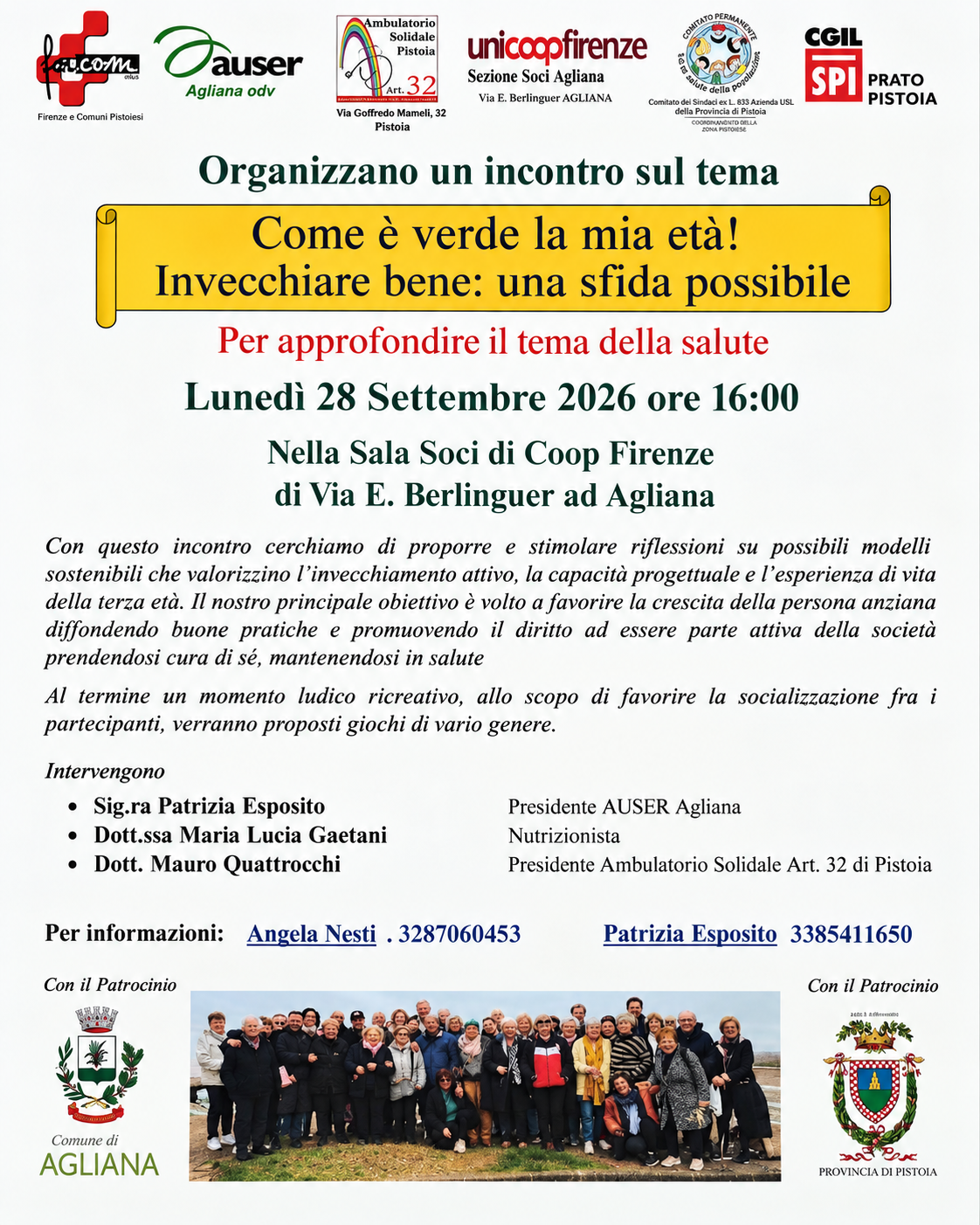 Locandina dell'incontro «Come è verde la mia età. Invecchiare bene: una sfida possibile», lunedì 28 settembre 2026 ore 16:00, Sala soci Coop Firenze, Via E. Berlinguer ad Agliana, con la Dott.ssa Maria Lucia Gaetani tra gli interventi