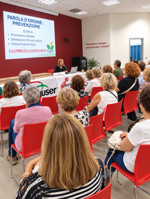 Il pubblico in sala durante l'intervento della Dott.ssa Maria Lucia Gaetani, biologa nutrizionista, sulla corretta alimentazione come arma primaria di prevenzione, Pistoia